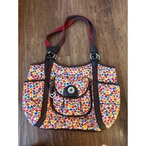 Brighton Heart Print Shoulder Bag Multi Color Canvas Leather Trim Medium Tote